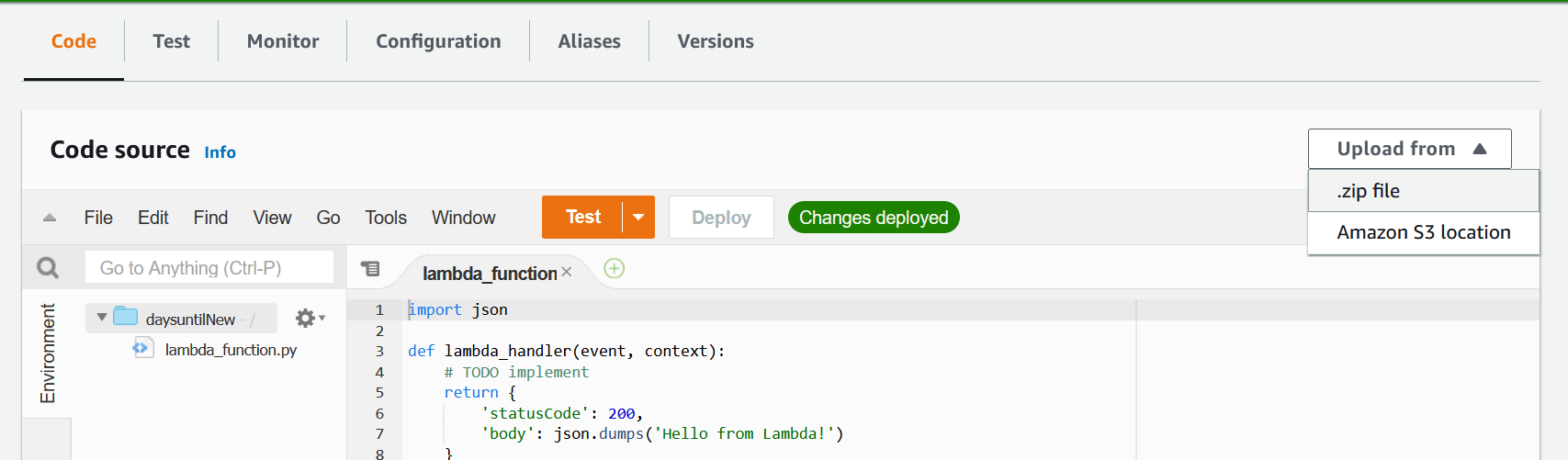 The code source section in the Lambda function with the "Upload from" selected and the "zip file" selected.