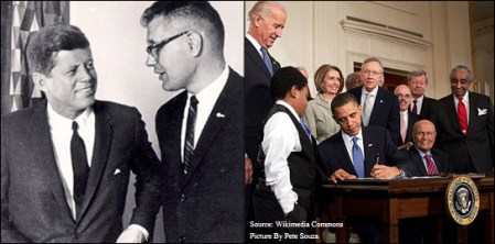 Rep. John Dingell with President Kennedy, and seated next to President Obama for the signing of the ACA.