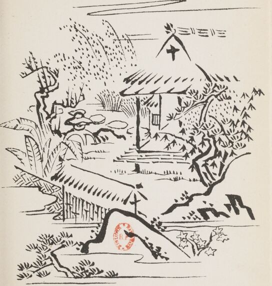 Dessin d'un jardin japonais composé d'arbres, d'éléments minéraux réalisés à l'encre