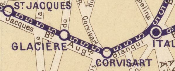 Détail de plan de métro parisien montrant plusieurs lignes et stations dans le secteur sud. Les tracés des lignes apparaissent en violet reliant les stations "ST. JACQUES", "GLACIÈRE", "CORVISART". Des cercles violets marquent les emplacements des stations sur le réseau. Les noms figurent en caractères noirs sur fond beige. Le réseau de rues environnant est représenté en traits fins. Les lignes de transport souterrain se croisent aux points de correspondance.