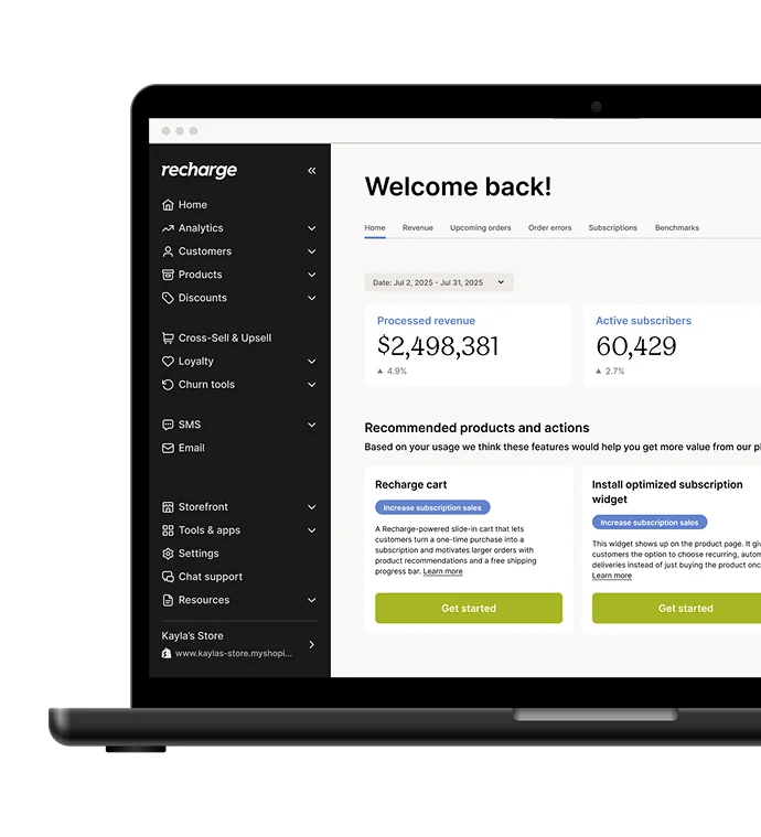 A laptop displaying the Recharge analytics dashboard with revenue and subscriber metrics.