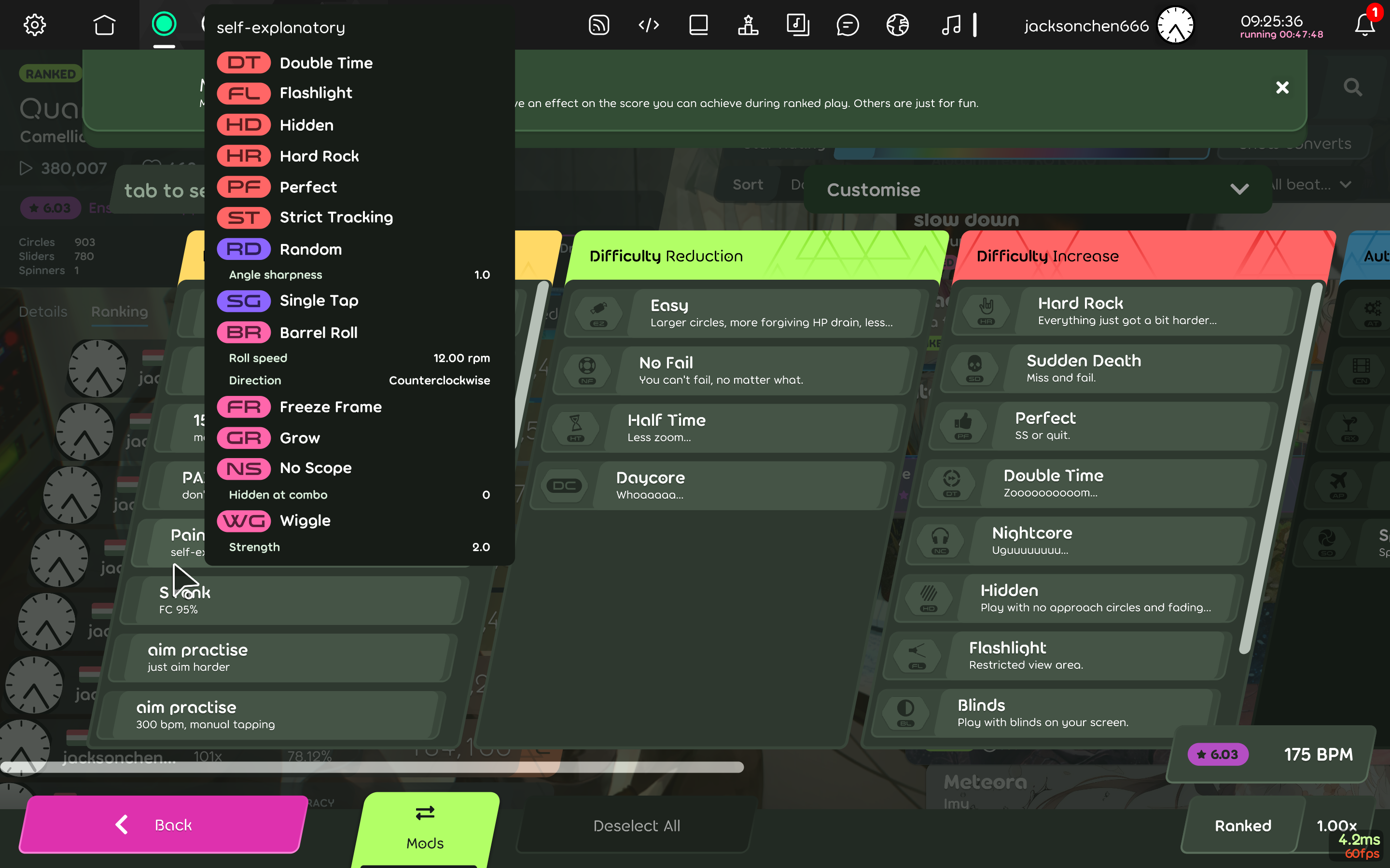 osu!lazer mods overlay. I'm hovering over a large mod preset, and it's fully in view with the mod preset description as well.