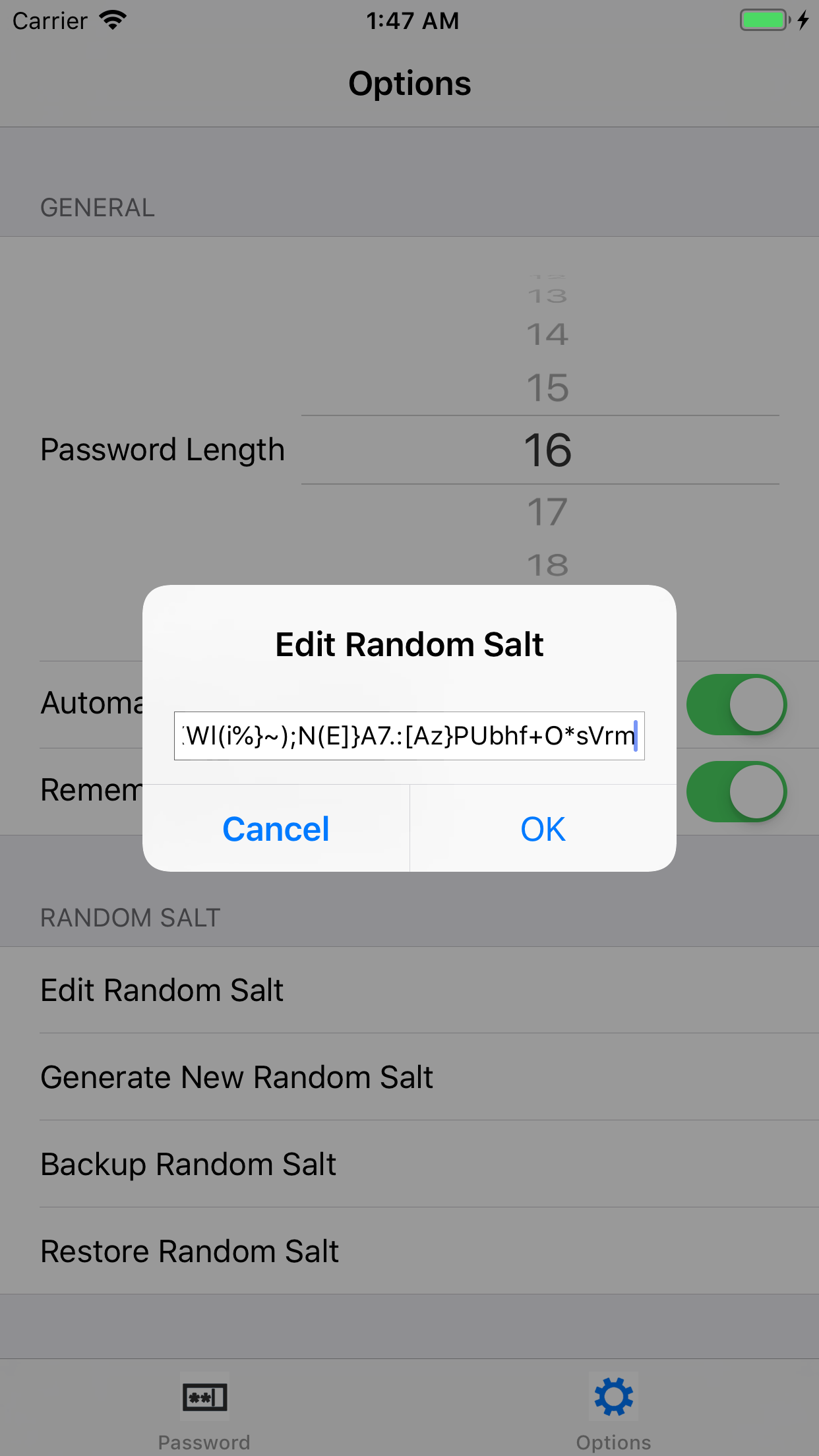Fkulc's Password Generator (iOS) - Edit Random Salt Alert