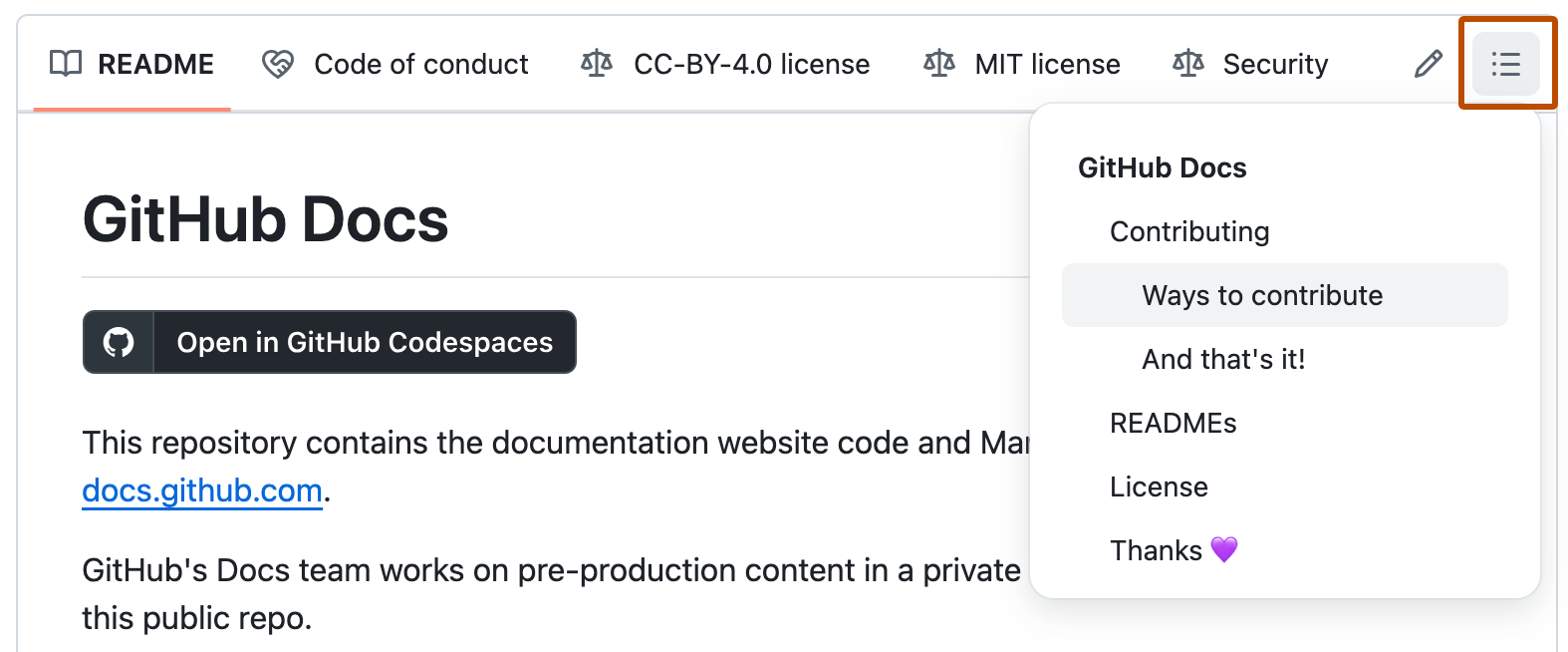 GitHub Docs 开放源代码存储库中自述文件的屏幕截图,其中显示了公开的目录的下拉菜单。 目录图标以深橙色框出。