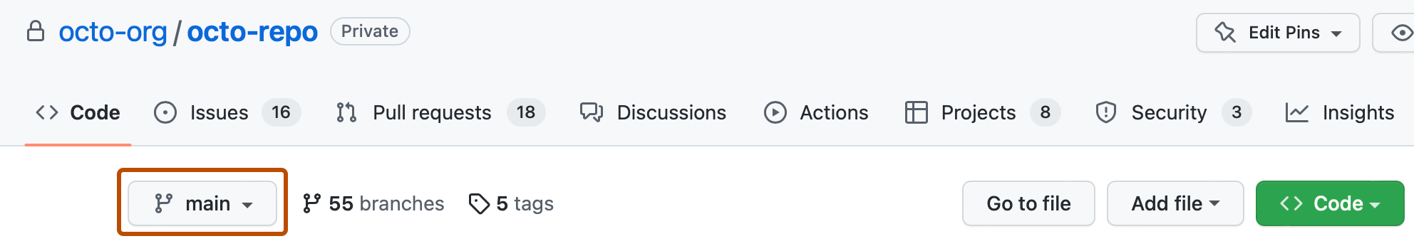 Capture d'écran de la page du dépôt. Un menu déroulant, illustré avec une icône de branche et le texte « main », est mis en évidence avec un encadré orange.