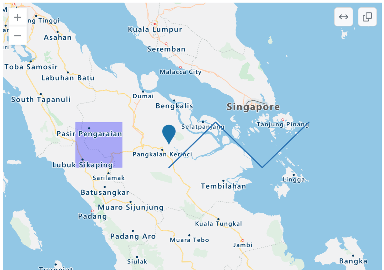 呈现的印度尼西亚、新加坡和马来西亚的 TopoJSON 地图的屏幕截图,其中包含蓝点、紫色矩形覆盖和蓝色曲折线。