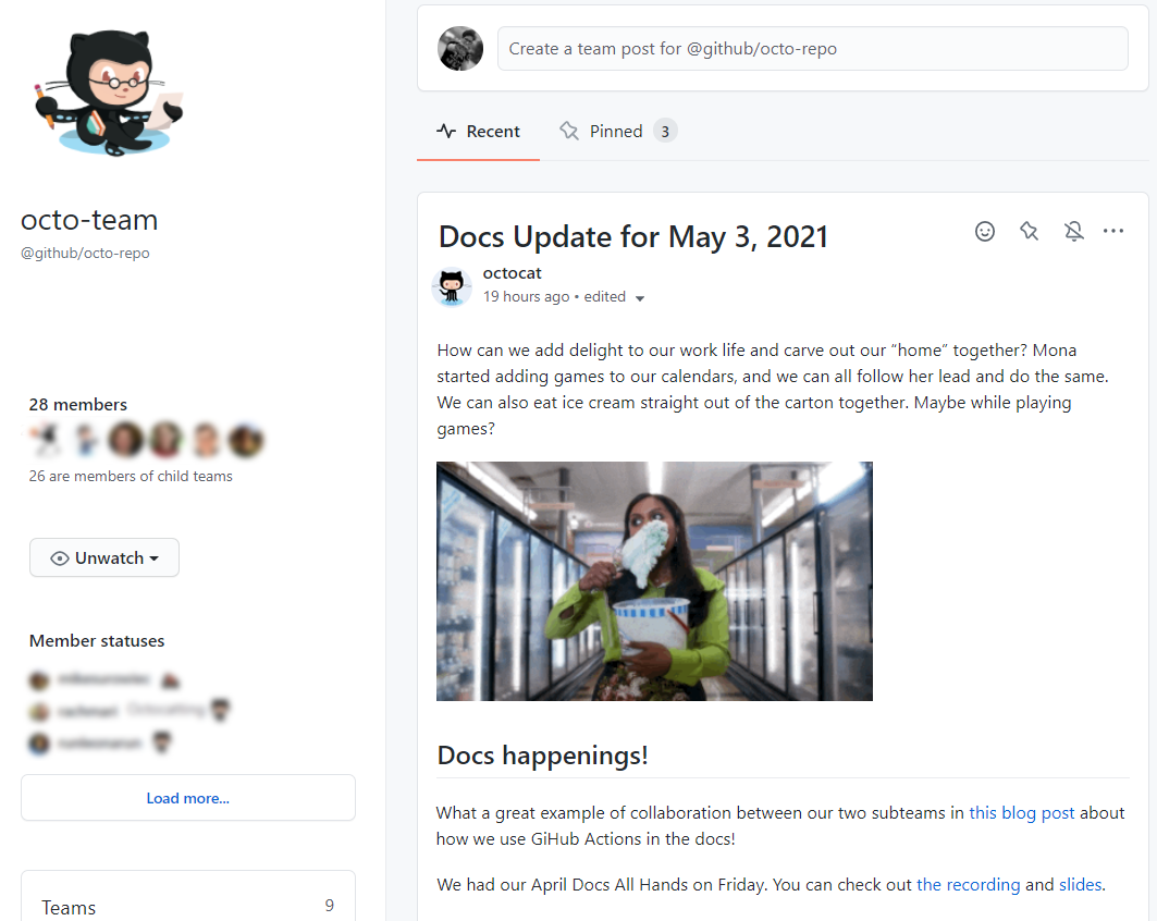 Capture d'écran d'une discussion d'équipe créée dans un référentiel communautaire GitHub.