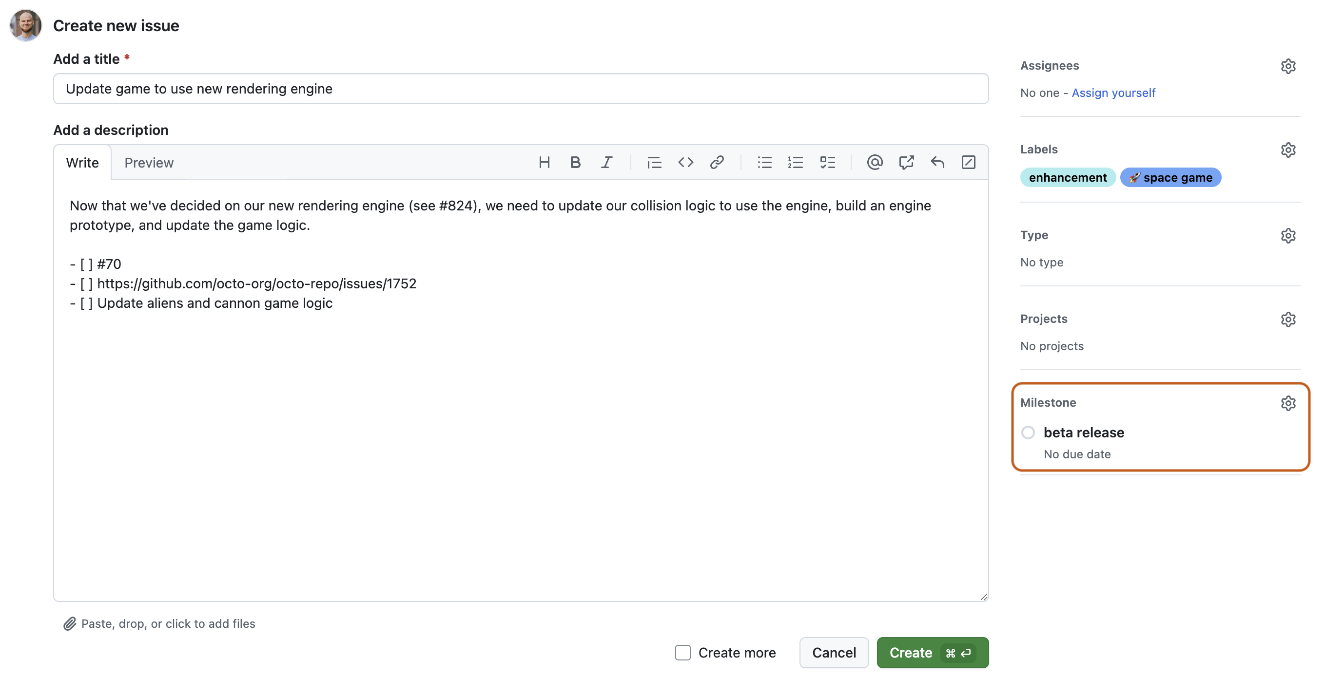 新议题表单的屏幕截图。 在右侧边栏中,“里程碑”部分以深橙色框出。