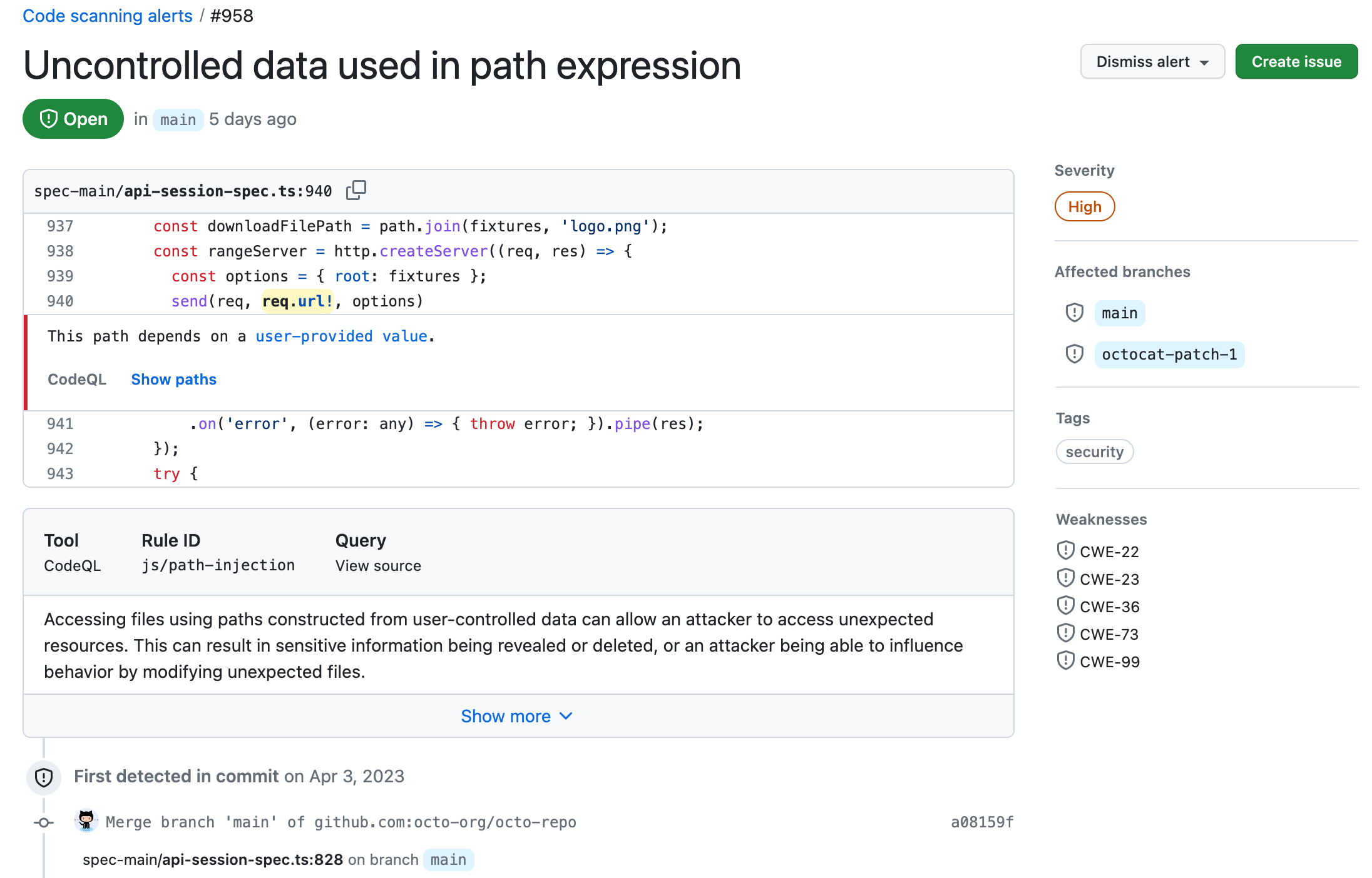 アラート タイトル、左側に関連するコード行、右側にメタデータが表示されている code scanning アラートのスクリーンショット。