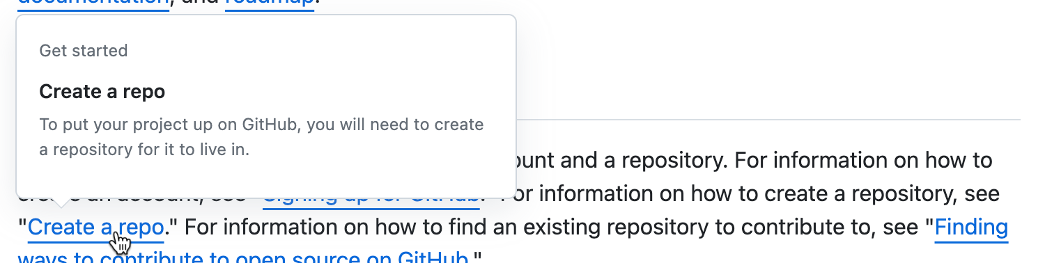 Capture d’écran d’une partie d’un article sur GitHub Docs. Le curseur passe sur un lien vers un article et une carte de survol s'affiche.