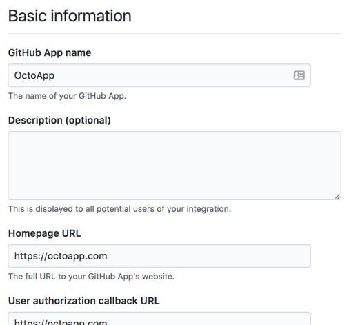 Seção Informações básicas do aplicativo do GitHub