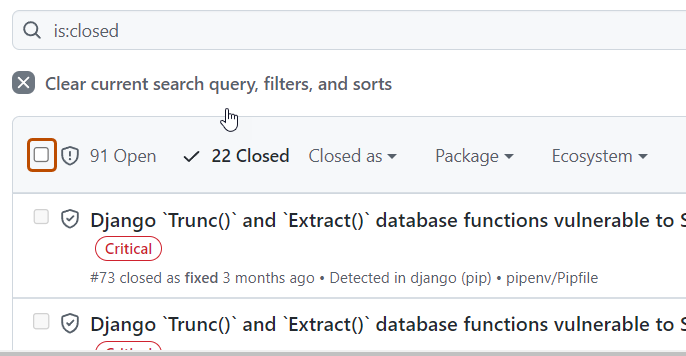 Capture d’écran des alertes sous l’onglet « Fermé ». La case à cocher « Tout sélectionner » est mise en évidence avec un encadré orange foncé.
