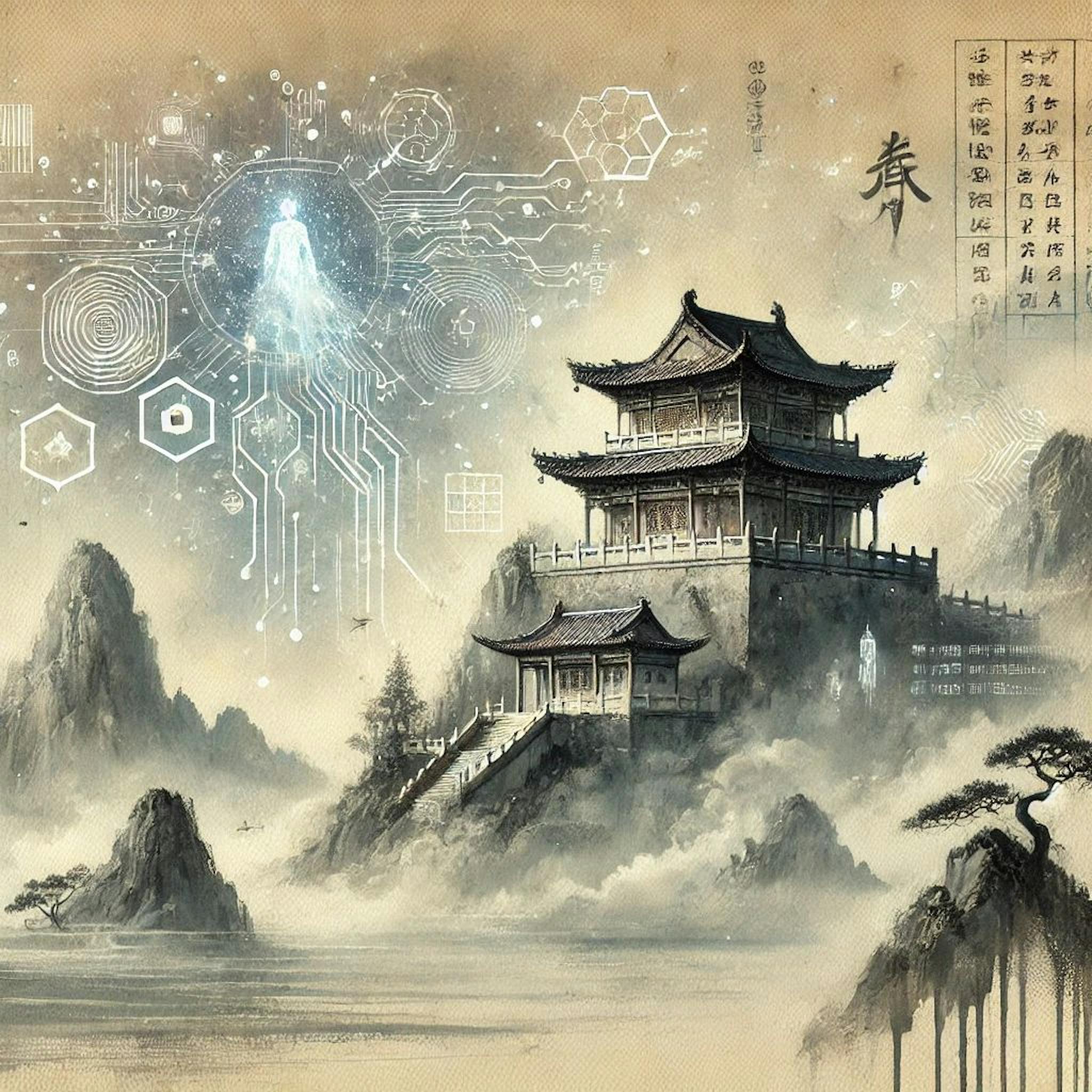 OpenAI: The traditional Chinese fortress symbolizes the honeypot, and the subtle, futuristic elements are blended with flowing ink and watercolor strokes, giving it a harmonious mix of classical art and modern cybersecurity themes.