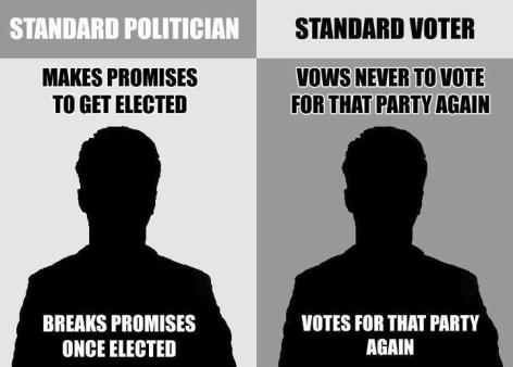 Standard Politician Makes Promises To Get Elected Breaks Promises Once Elected Standard Voter Vows Never To Vote For That Party Again Votes For That Party Again