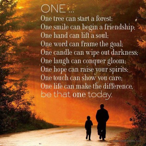 One Tree Can Start A Forest One Smile Can Begin A Friendship One Hand Can Lift A Soul One Word Can Frame The Goal One Candle Can Wipe Out Darkness One Laugh Can Conquer Gloom One Hope Can Rainse Your Spirits One Touch