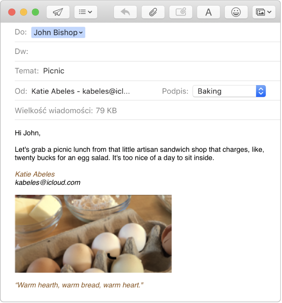 Wiadomość email w trakcie pisania oraz podpis zawierający obrazek i sformatowany tekst.