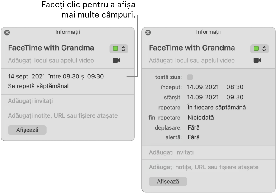 Fereastră de informații referitoare la un eveniment cu detaliile ascunse (în stânga) și la același eveniment cu detaliile despre durată afișate (în dreapta).