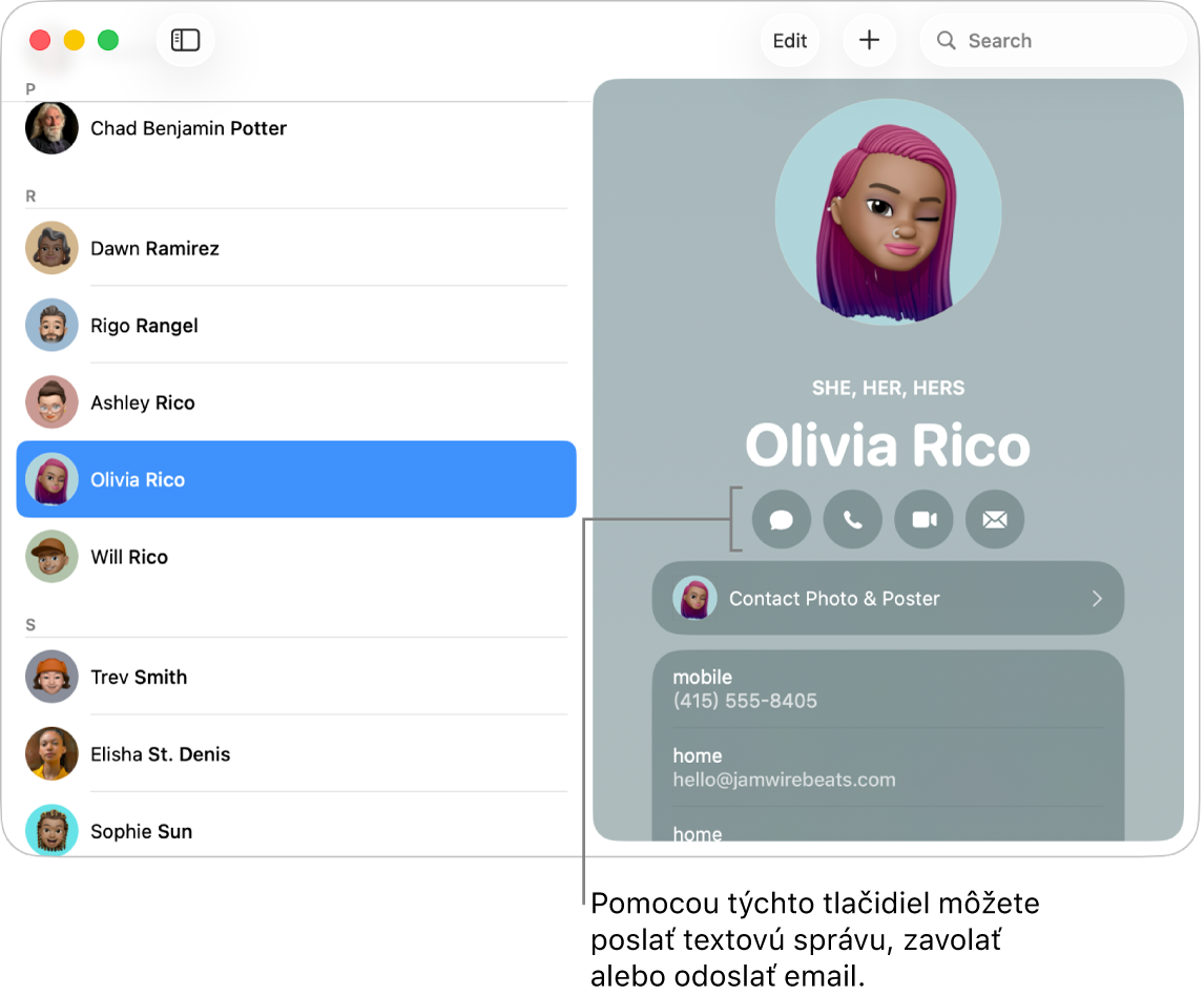 Vizitka zobrazujúca tlačidlá umiestnené pod menom kontaktu. Tieto tlačidlá môžete použiť na začatie textovej správy, telefonického hovoru, audio alebo videohovoru, prípadne emailu.