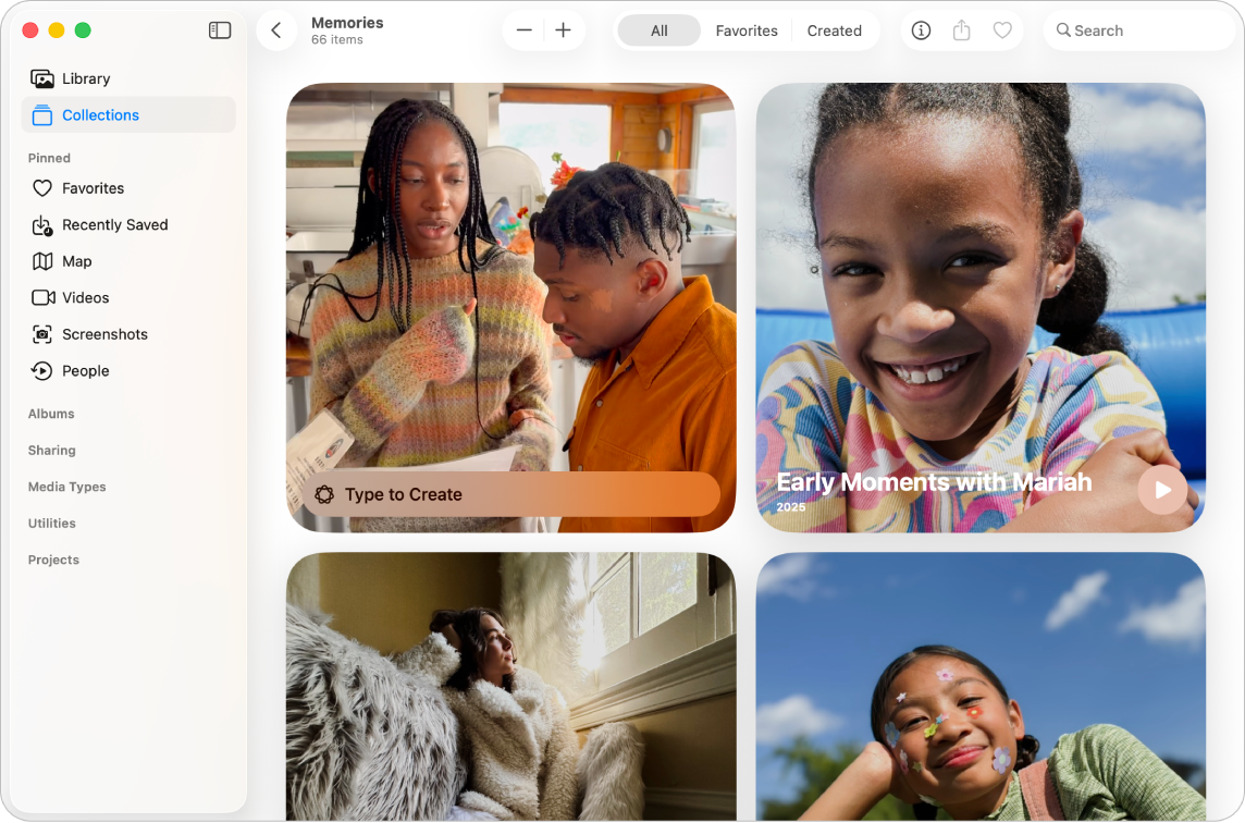 Het Foto's-venster met 'Verzamelingen' geselecteerd in de navigatiekolom en terugblikken aan de rechterkant.
