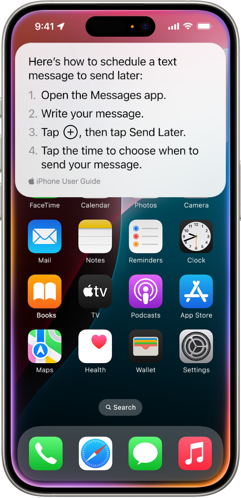 iPhone முகப்புத் திரை, பிறகு அனுப்ப வேண்டிய மெசேஜை திட்டமிடுவதற்கு Siri வழங்கிய படிநிலைகளைக் காட்டுகிறது.