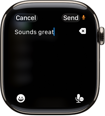 La pantalla del camp de text, en què es mostra un missatge creat amb la funció de dictat. El botó dels emojis i el del dictat són a la part inferior de la pantalla.