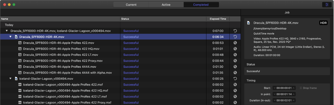 The Completed view in Compressor with the inspector pane showing.