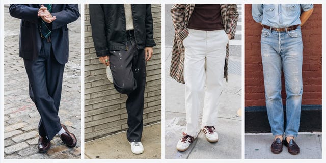 Various styles of men's pants shown on different individuals. Various styles of men's pants shown on different individuals.