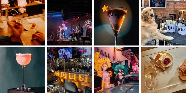 Collage of nightlife scenes with drinks, live music, a dog at a bar, neon lights, and performers in vibrant costumes. Collage of nightlife scenes with drinks, live music, a dog at a bar, neon lights, and performers in vibrant costumes.