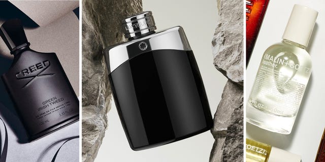 Three luxury perfume bottles on display, featuring Creed, Montblanc, and Malin+Goetz. Three luxury perfume bottles on display, featuring Creed, Montblanc, and Malin+Goetz.