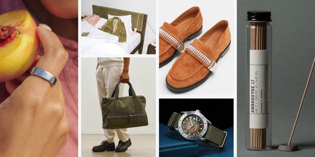 Collage of a hand with a ring holding a peach, shoes, a green bag, a watch, incense sticks, and a bed with clothes. Collage of a hand with a ring holding a peach, shoes, a green bag, a watch, incense sticks, and a bed with clothes.