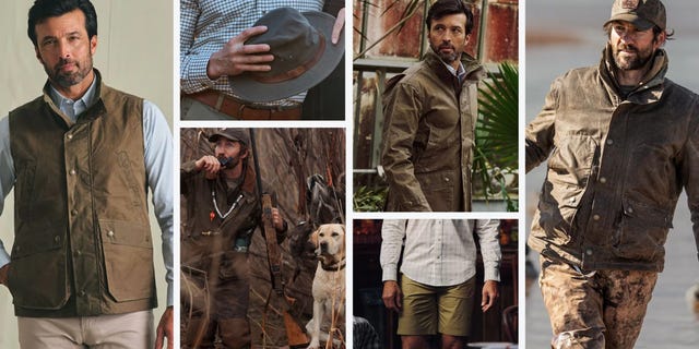 Collection of outdoor-themed fashion featuring men in various settings. Collection of outdoor-themed fashion featuring men in various settings.