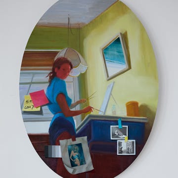 Artwork depicting a woman painting in an interior setting Artwork depicting a woman painting in an interior setting