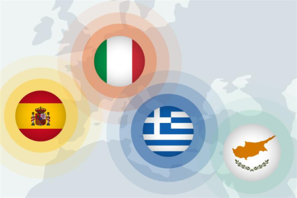 The image shows flags of four EU countries - Spain, Italy, Greece and Cyprus