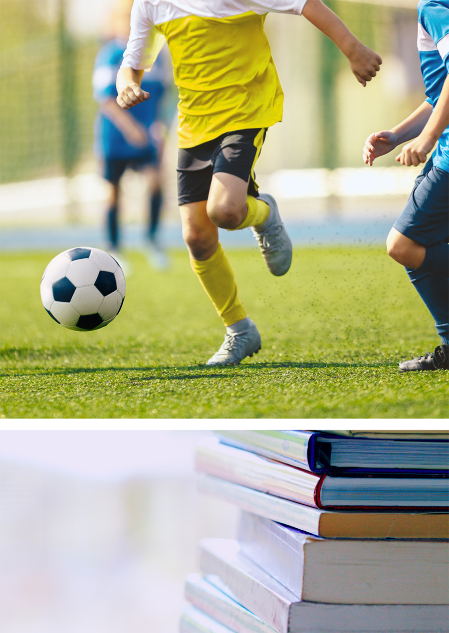 Photomontage with two images, one below and the other above. The first, located above, shows a soccer field with young people practicing the sport. The second, below the first, shows a pile of books on a blurred white background. Photomontage with two images, one below and the other above. The first, located above, shows a soccer field with young people practicing the sport. The second, below the first, shows a pile of books on a blurred white background.