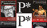 Performing Arts research highlighted on the blog “SciELO in Perspective” Photomontage of four issues of the “Brazilian Journal of Presence Studies”, showing different covers with different themes and people. In the center, there is a vertical column with three stylized “P*” logos; the logos at the ends are black, while the central logo is white.