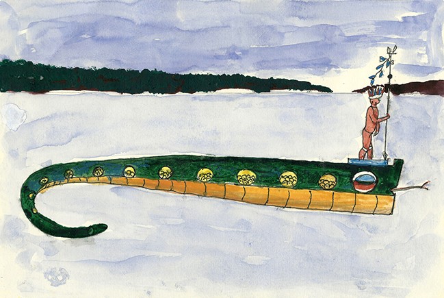 Painting depicting a stylized, serpent-shaped vessel carrying a human figure. Painting depicting a stylized, serpent-shaped vessel carrying a human figure.