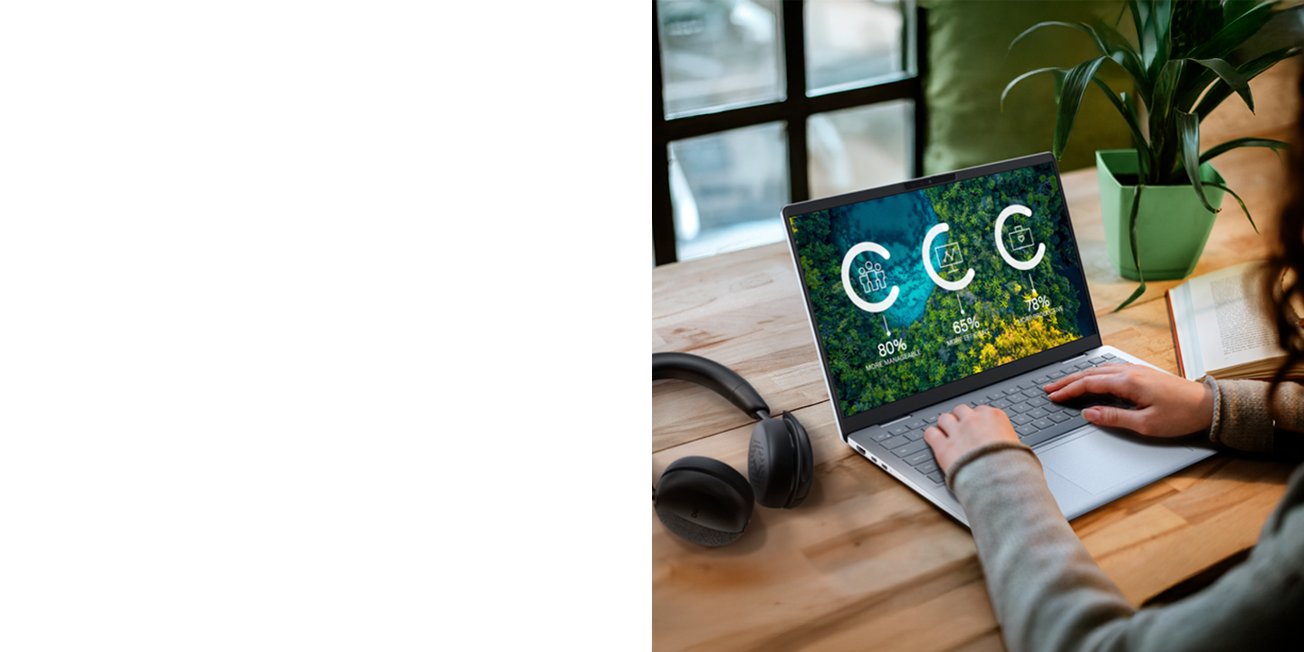 Banner of a girl with her Dell laptop, in a desk with a headset, a book and a plant on it.