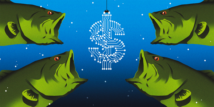 Four fish rushing towards a dollar sign shaped fishing hook