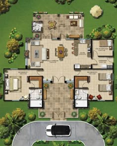 an aerial view of a house with two cars parked in the driveway