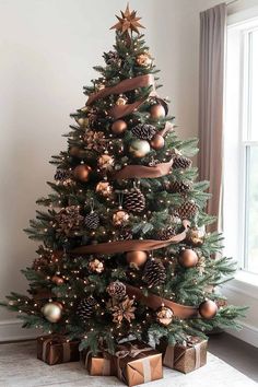a christmas tree with presents under it