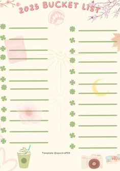 the 2013 bucket list is shown with flowers and drinks on it's side, as well