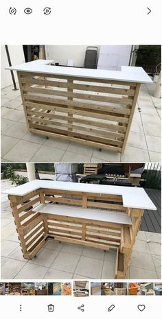 two pictures of the same bench made out of pallet wood and white marble top