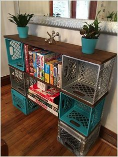 a bookshelf filled with lots of books on top of a wooden floor