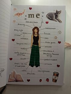 an open notebook with a drawing of a woman's body and words on it
