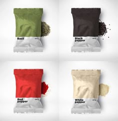 four bags of red pepper, black pepper, white pepper and green pepper are shown