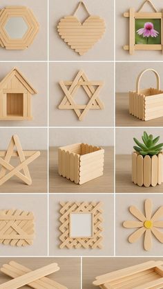 various wooden objects are arranged on the table and placed in different positions to make them look like they have been made out of wood