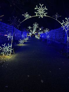 an archway decorated with christmas lights and snowflakes
