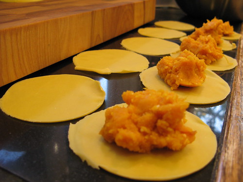 homemade butternut squash lune pasta (ravioli) in process