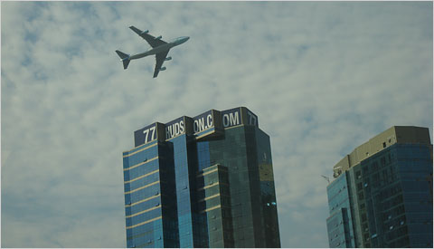 Photo by New York Times reader Jim Brown showing low-level flyby of Air Force AF-25 jet