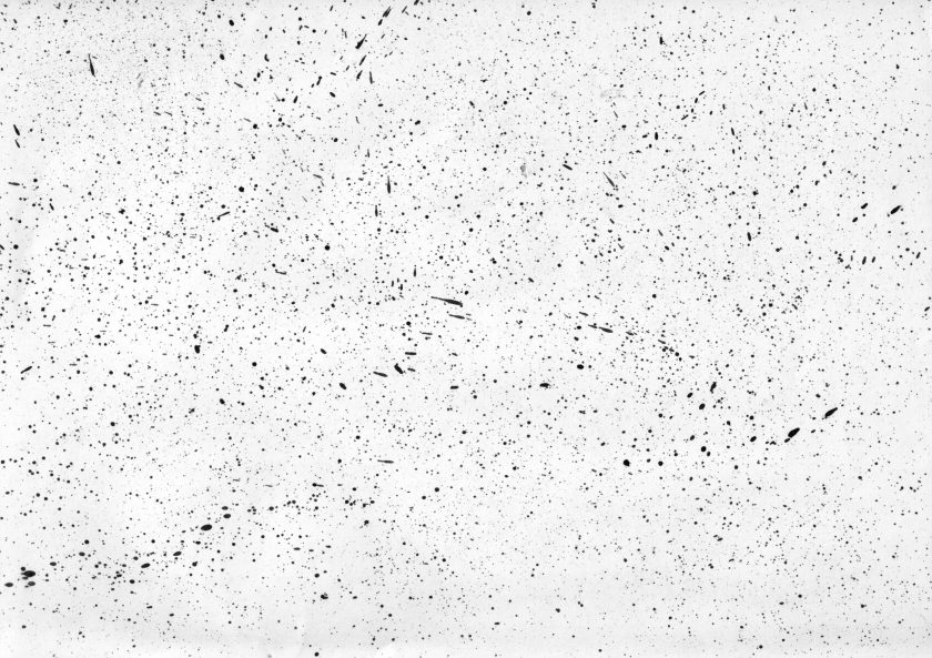 Black ink spots scattered on white paper